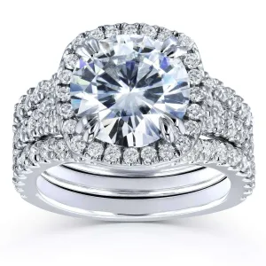 Round Forever One Moissanite Halo Bridal Rings 4 1/3 CTW Platinum (3 Piece Set)