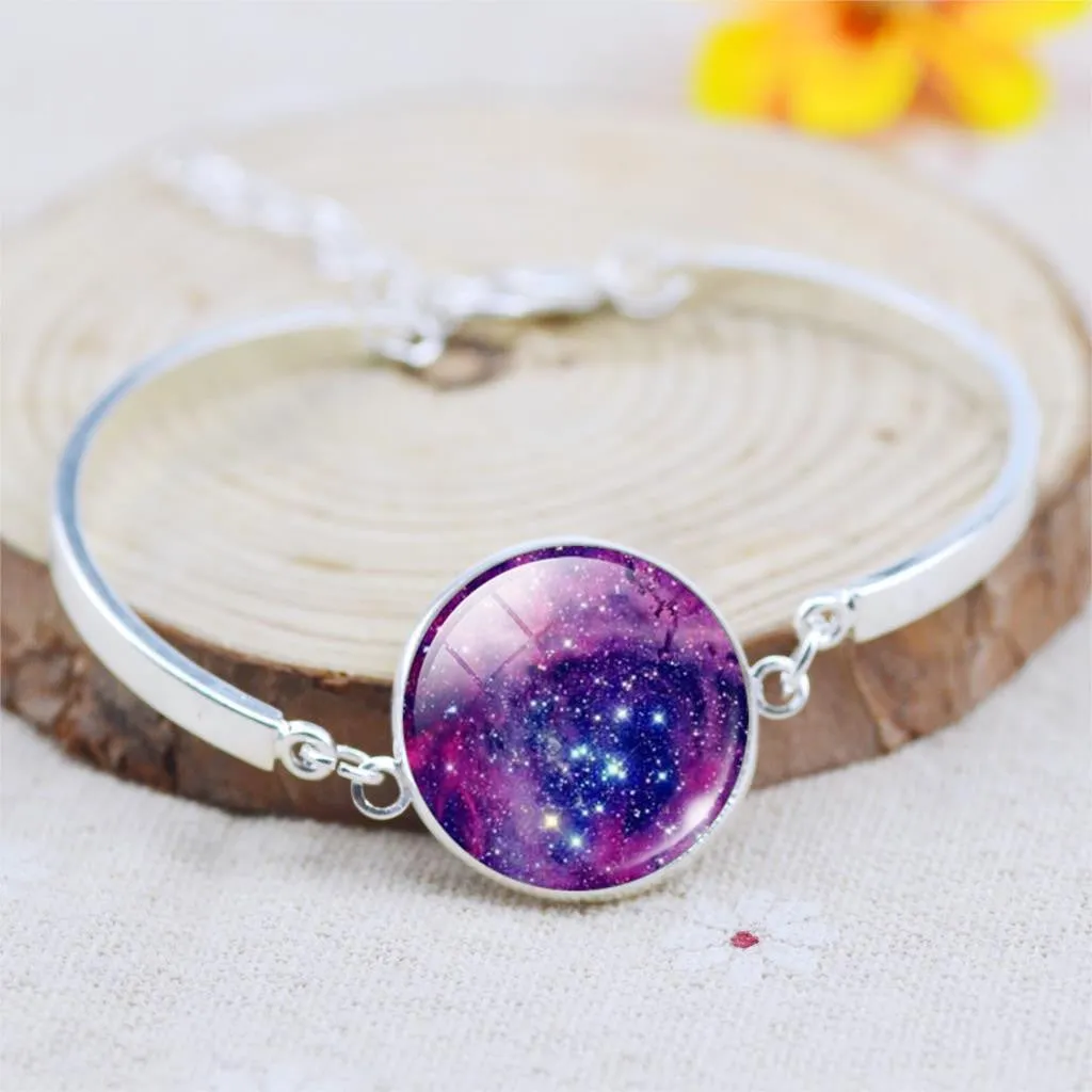 Silver Color Color Bangle Star Moon Glass Cabochon Charm Bracelets & Bangles Fashion Summer Style Jewelry for Women