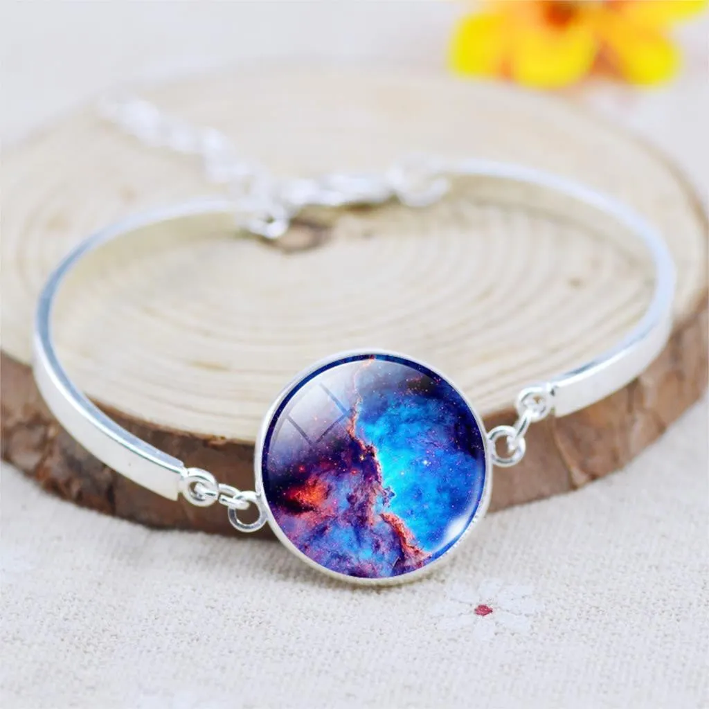 Silver Color Color Bangle Star Moon Glass Cabochon Charm Bracelets & Bangles Fashion Summer Style Jewelry for Women