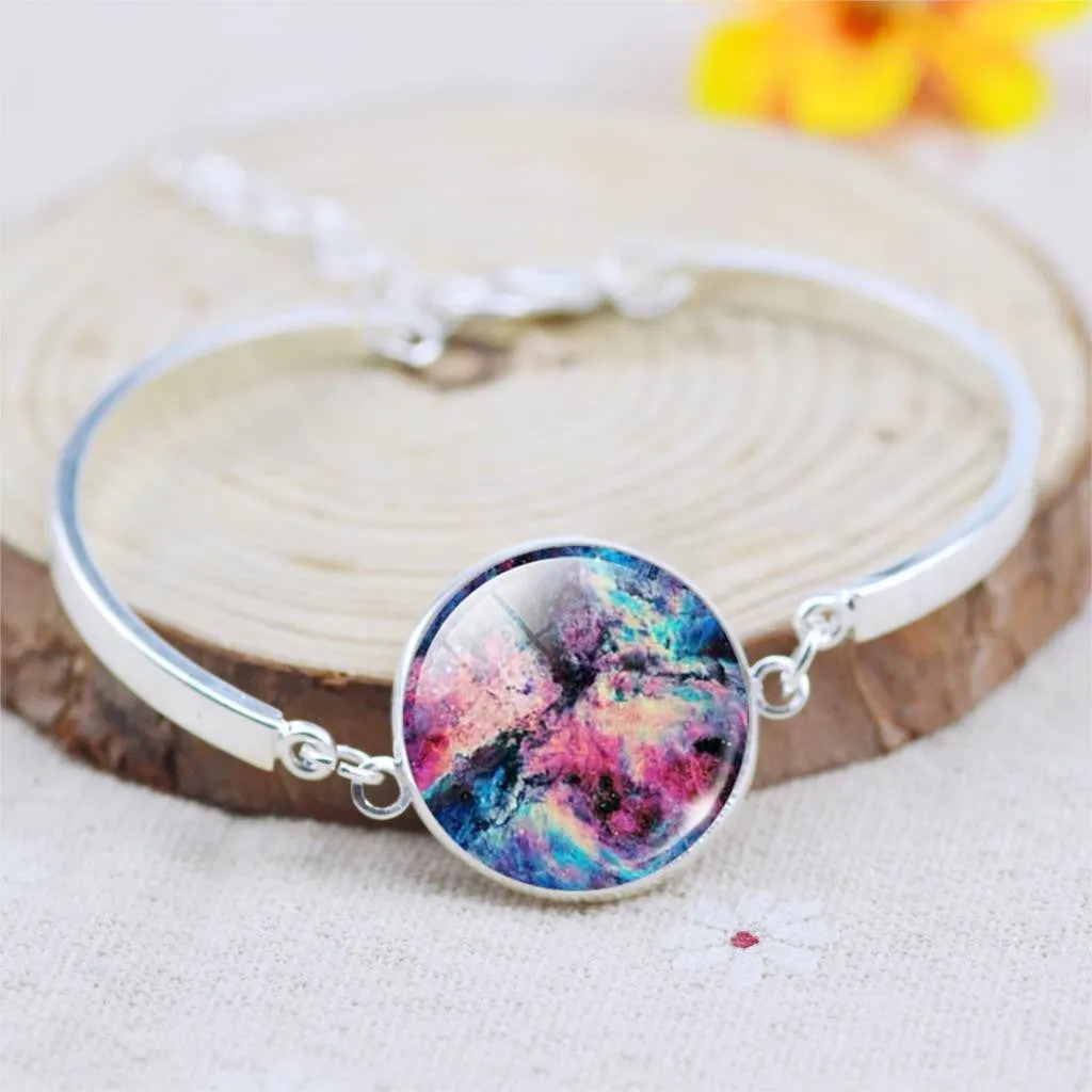 Silver Color Color Bangle Star Moon Glass Cabochon Charm Bracelets & Bangles Fashion Summer Style Jewelry for Women