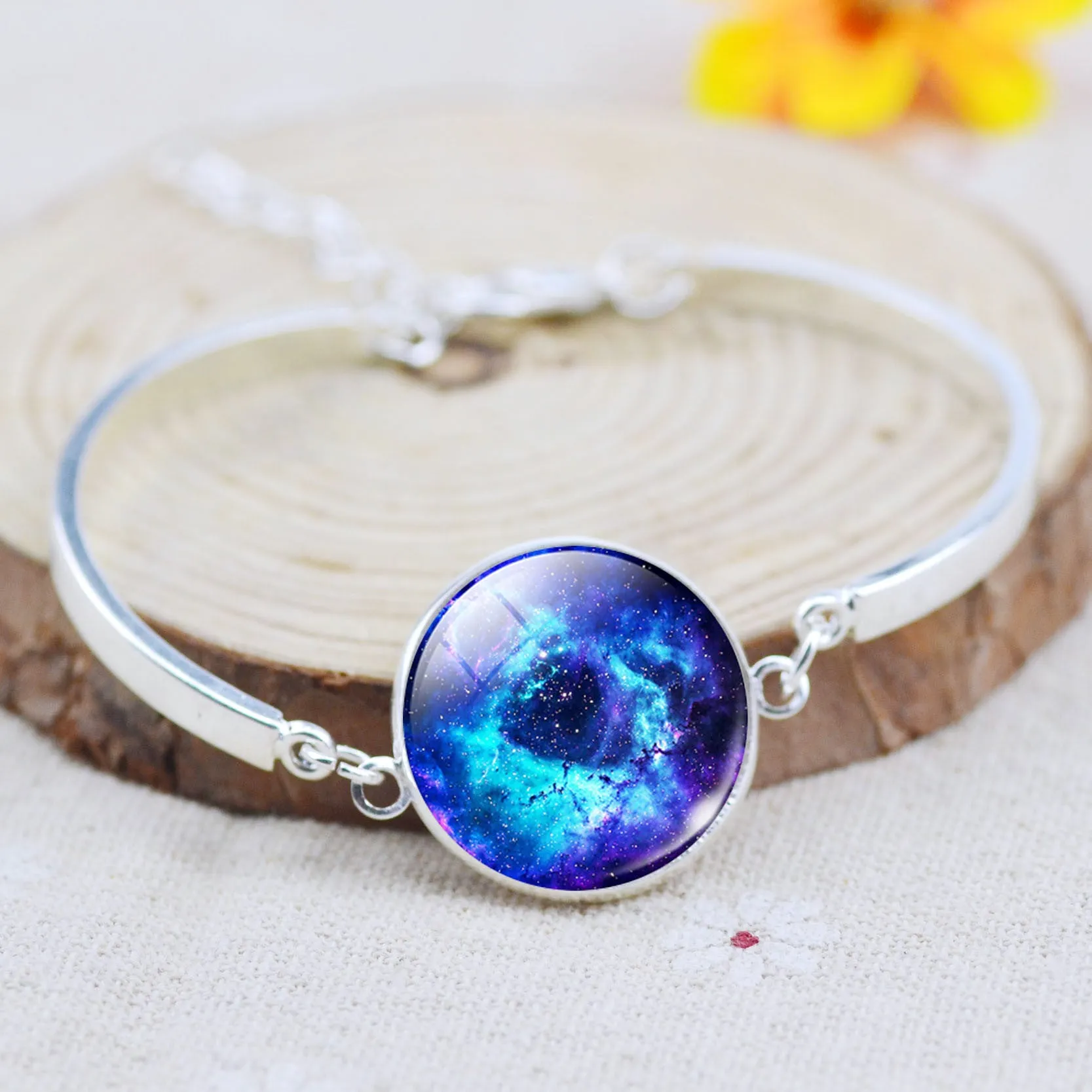 Silver Color Color Bangle Star Moon Glass Cabochon Charm Bracelets & Bangles Fashion Summer Style Jewelry for Women