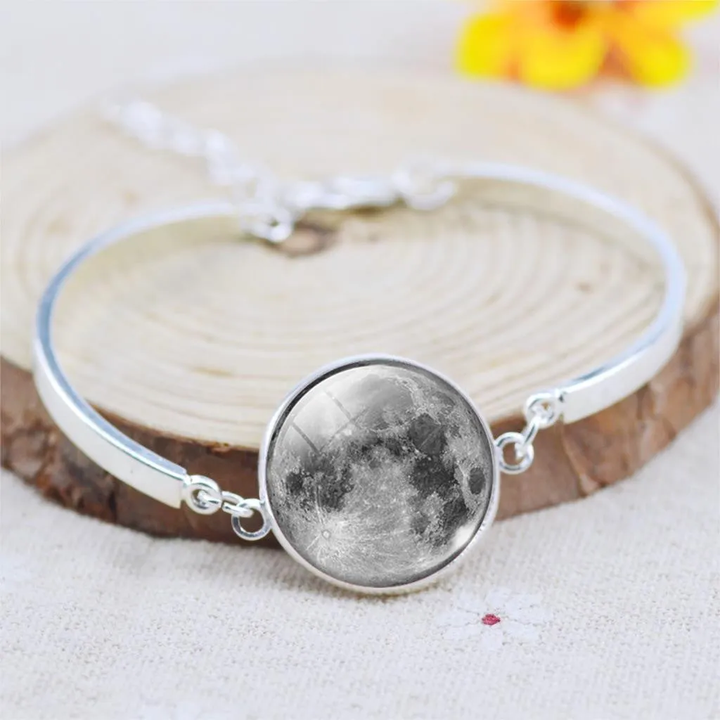 Silver Color Color Bangle Star Moon Glass Cabochon Charm Bracelets & Bangles Fashion Summer Style Jewelry for Women