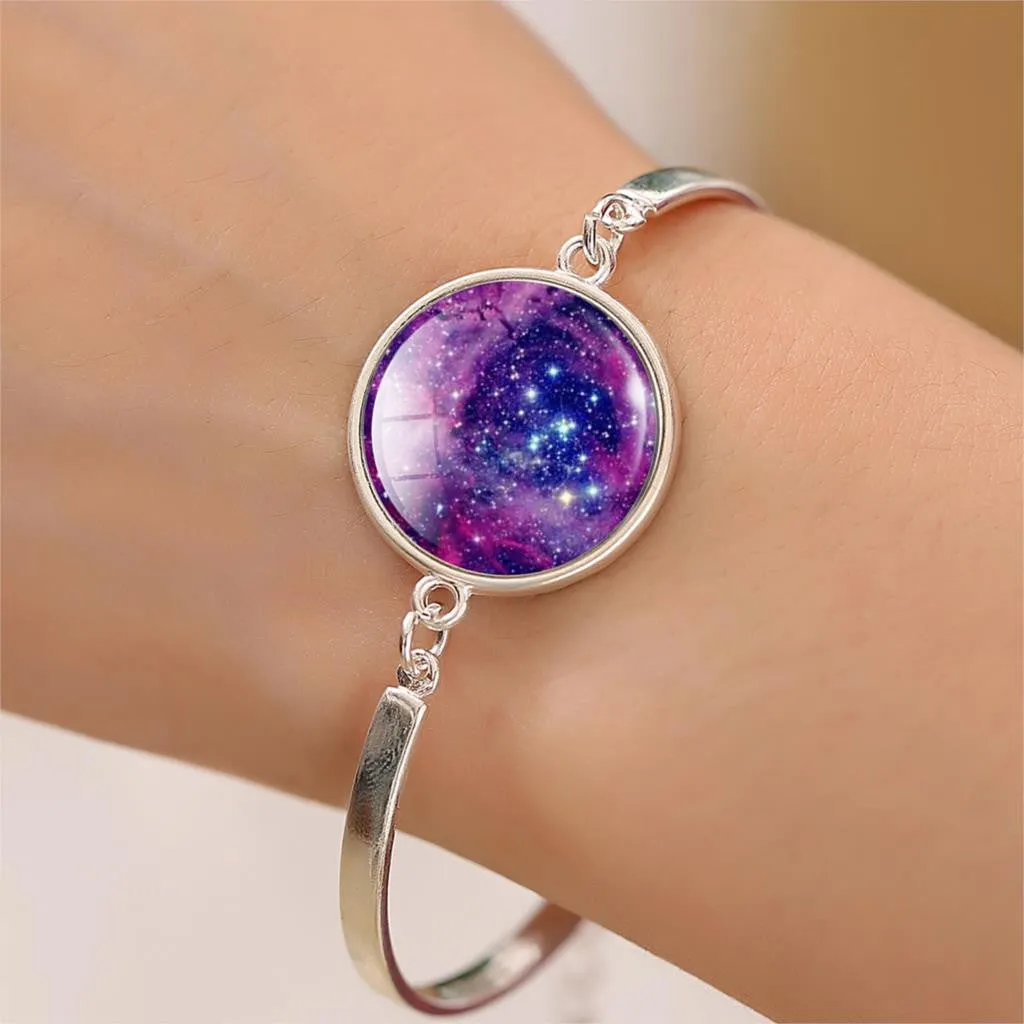 Silver Color Color Bangle Star Moon Glass Cabochon Charm Bracelets & Bangles Fashion Summer Style Jewelry for Women