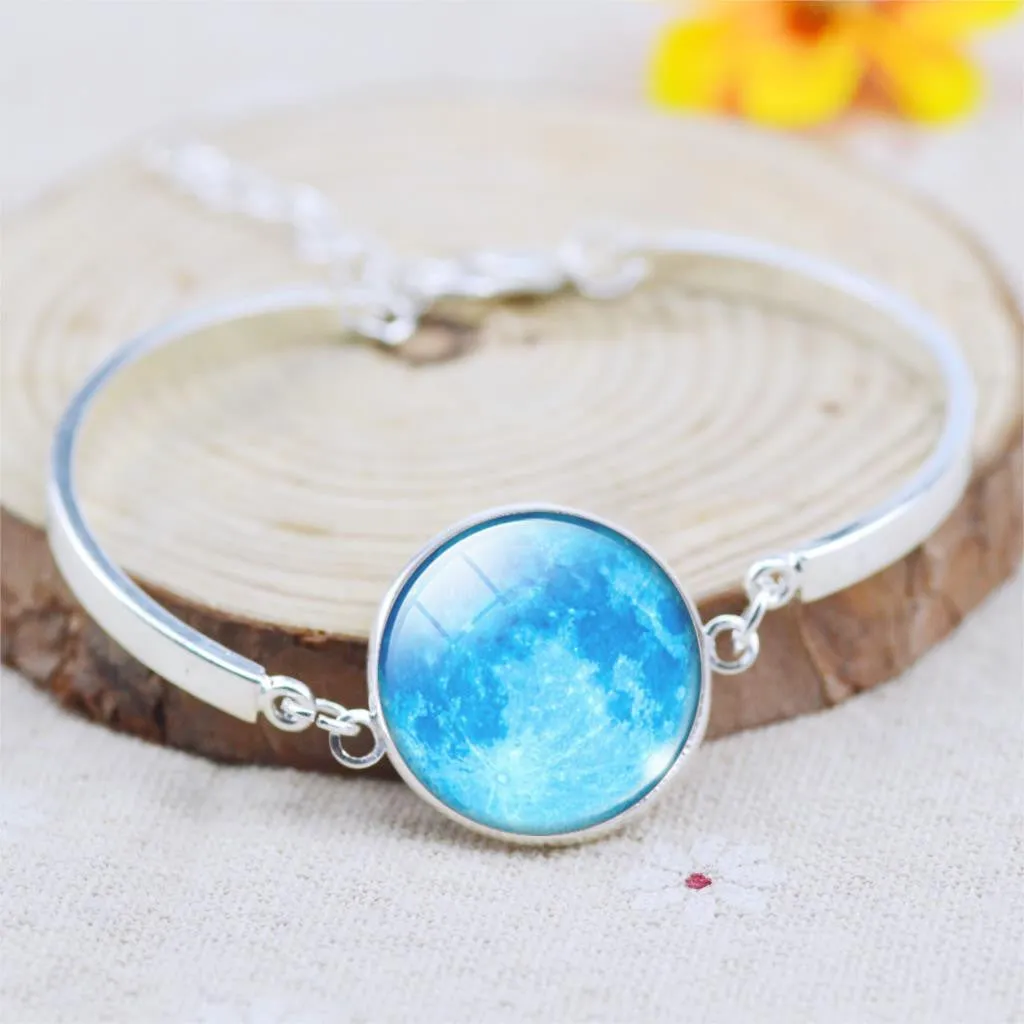 Silver Color Color Bangle Star Moon Glass Cabochon Charm Bracelets & Bangles Fashion Summer Style Jewelry for Women