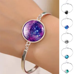 Silver Color Color Bangle Star Moon Glass Cabochon Charm Bracelets & Bangles Fashion Summer Style Jewelry for Women