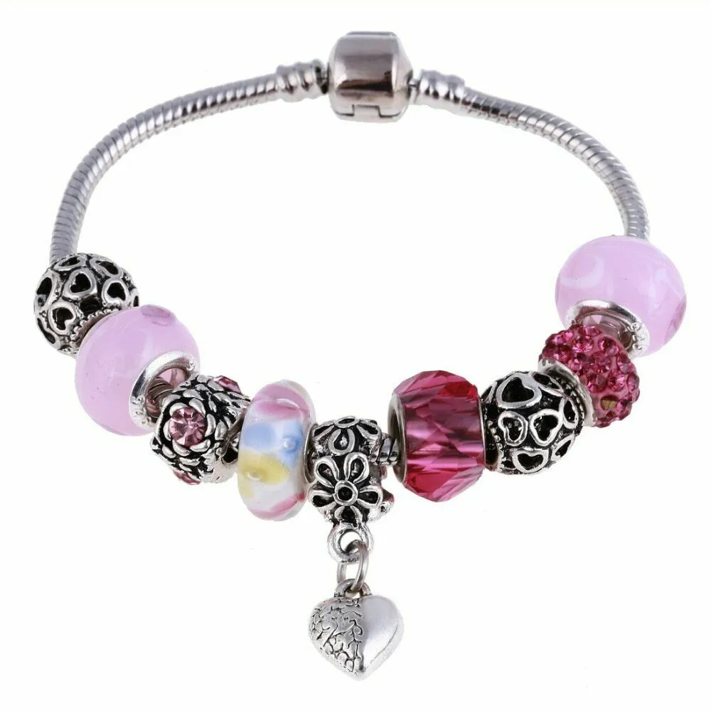 Silver Red & Pink Charms Beads Crystal Pandora Bracelets