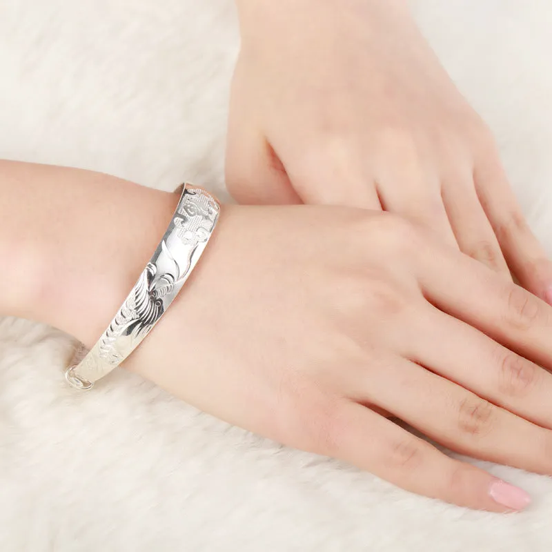 Solid Sterling Silver Chinese Carved Adjustable Bangle Bracelet for Women
