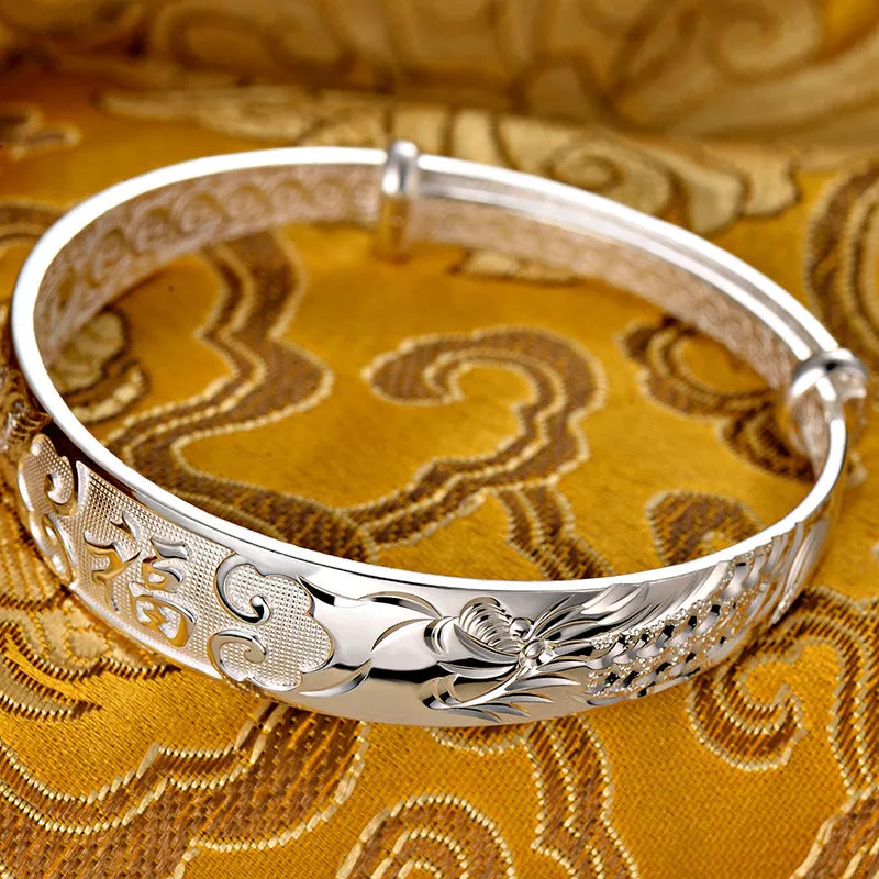 Solid Sterling Silver Chinese Carved Adjustable Bangle Bracelet for Women