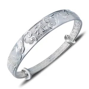 Solid Sterling Silver Chinese Carved Adjustable Bangle Bracelet for Women