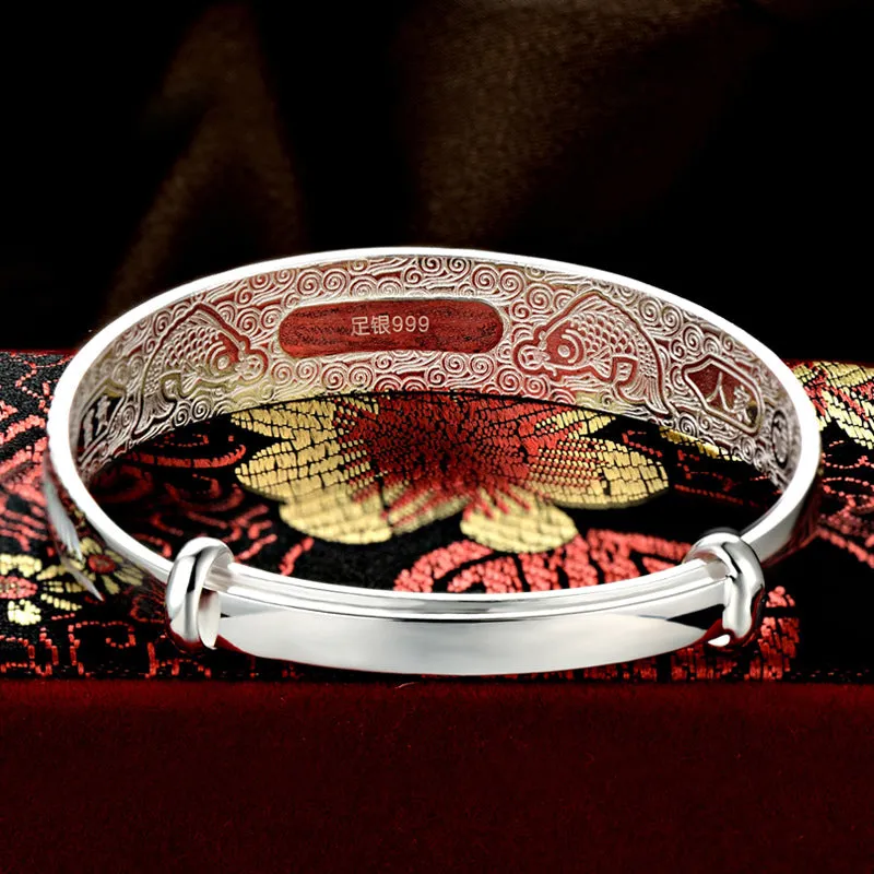 Solid Sterling Silver Chinese Carved Adjustable Bangle Bracelet for Women