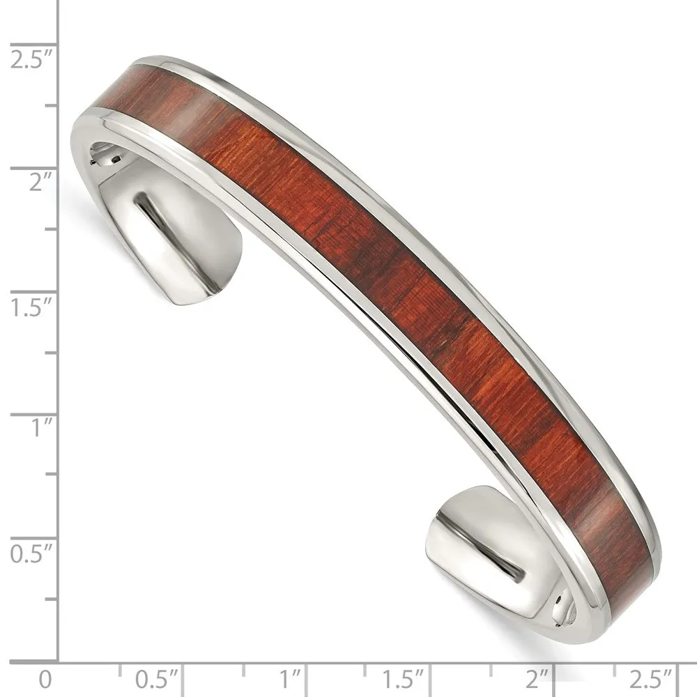 Stainless Steel Polished Red Wood Inlay Bangle